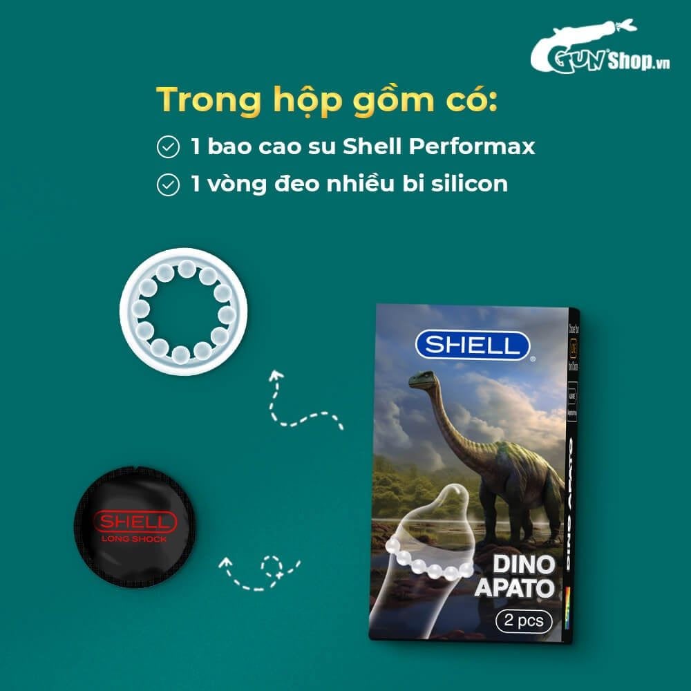 Bao cao su Shell Dino Apato - Hộp 1 vòng 12 bi lớn + 1 bao Shell Performax (Hộp 2