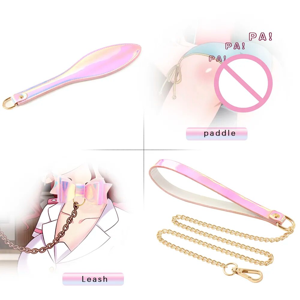 Bộ 5 Đồ Chơi BDSM Phát Sáng Gậy Đánh Móc Tay Khoá Cổ Bịt Mắt Sang Trọng