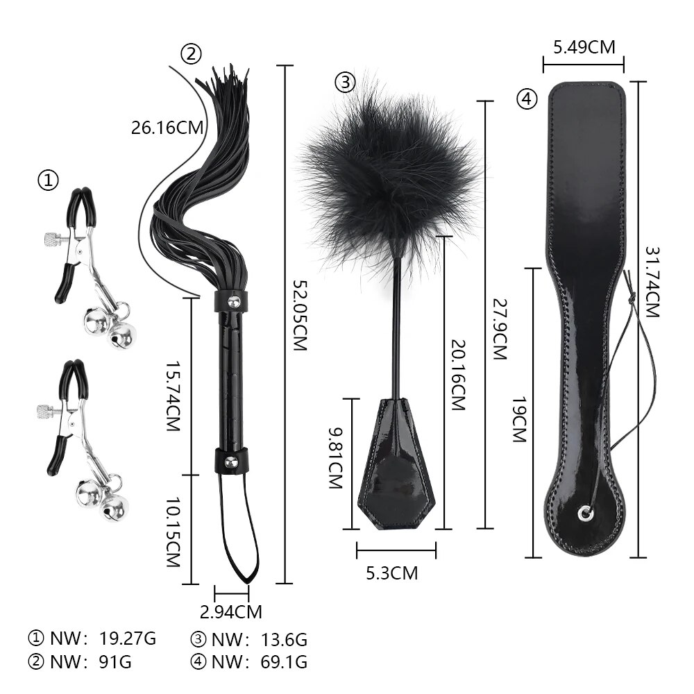 Cửa hàng bán Bộ đồ bạo dâm 4 Món BDSM kẹp vú chổi roi gậy phết mông hàng mới về