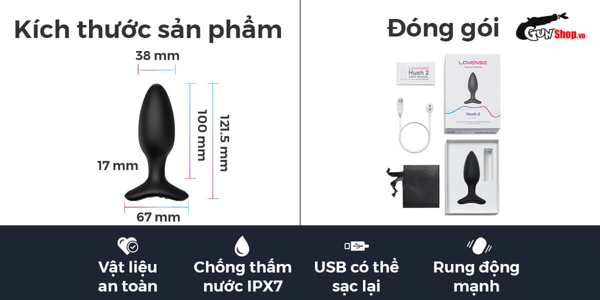 Trứng rung hậu môn Lovense Hush 2 Bluetooth mượt mà kích thích gay