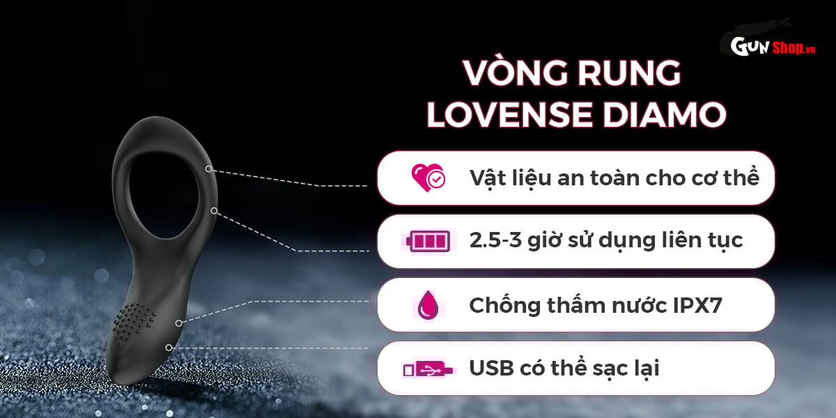 Vòng đeo dương vật Lovense Diamo rung 10 chế độ điều khiển app tiện lợi