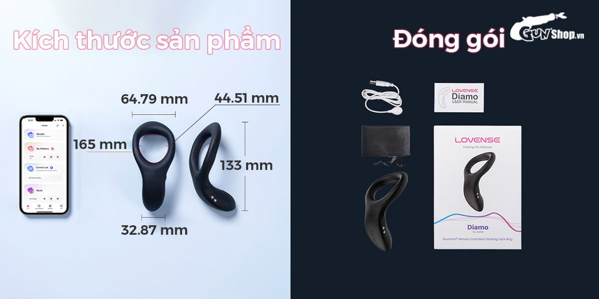 Vòng đeo dương vật Lovense Diamo rung 10 chế độ điều khiển app tiện lợi