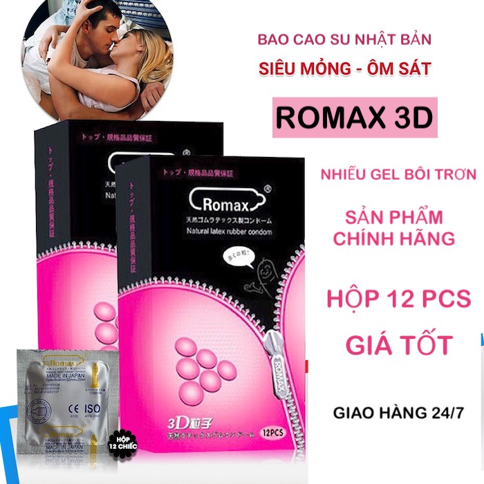 Đại lý Bao cao su Romax 3D khoá kéo gân gai siêu mỏng - Hộp 12 cái cao cấp